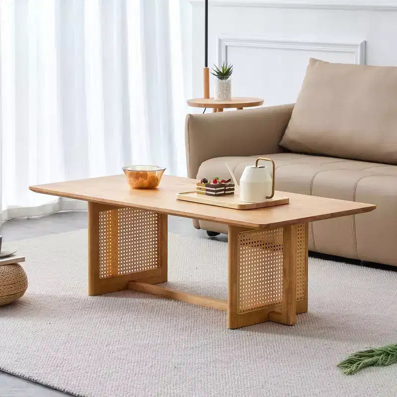 GDFStudio Greer Tavolino da caffè rettangolare rustico in legno con imitazione rattan