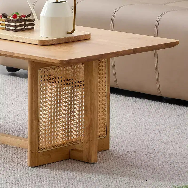 GDFStudio Greer Tavolino da caffè rettangolare rustico in legno con imitazione rattan