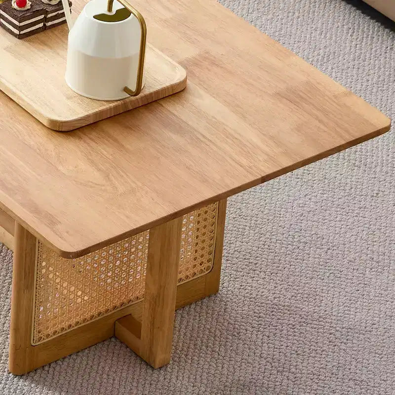 GDFStudio Greer Tavolino da caffè rettangolare rustico in legno con imitazione rattan