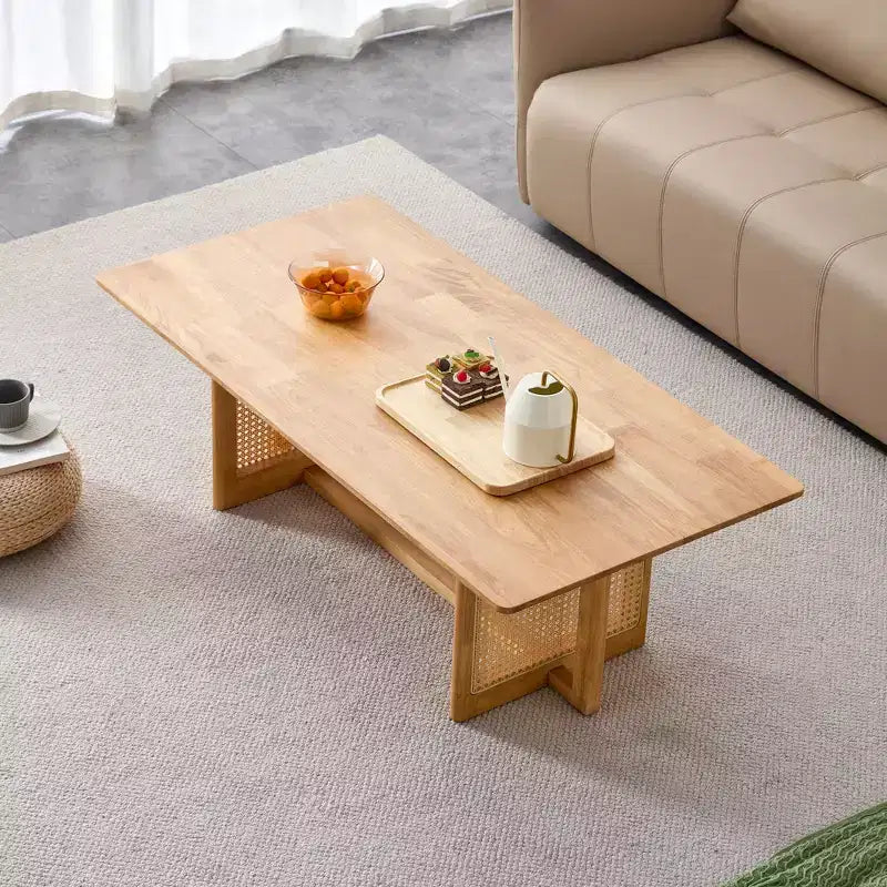 GDFStudio Greer Tavolino da caffè rettangolare rustico in legno con imitazione rattan
