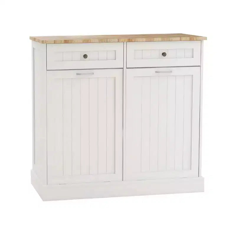 MAYEERTY White Kitchen Trash Cabinet, 2 Drawers + 2-Compartment Tilt-Out Organizer for Waste Sorting