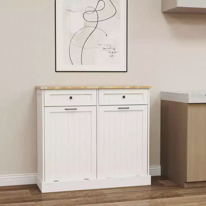 MAYEERTY White Kitchen Trash Cabinet, 2 Drawers + 2-Compartment Tilt-Out Organizer for Waste Sorting