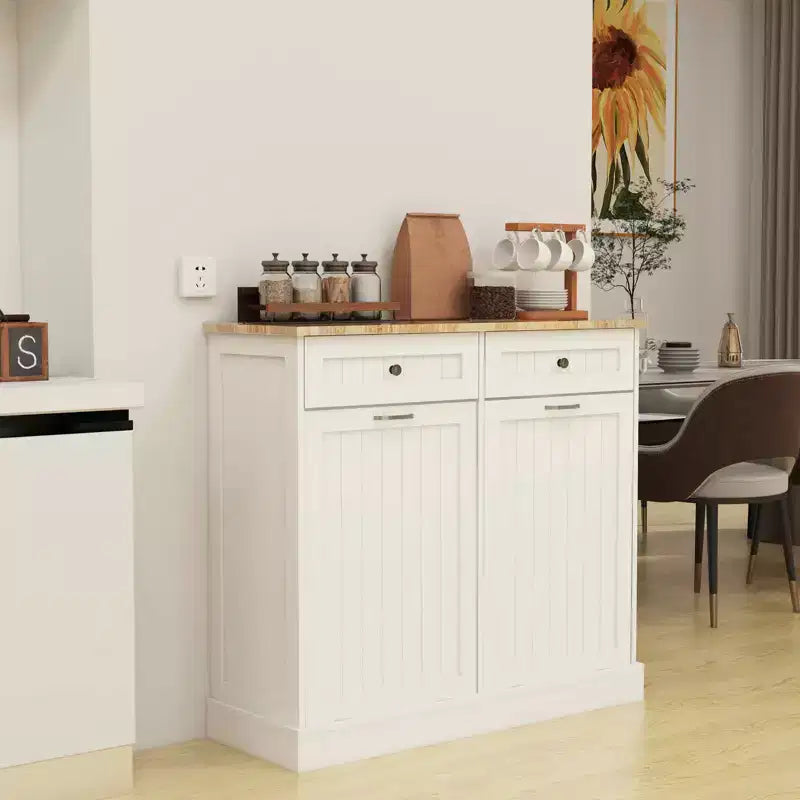 MAYEERTY White Kitchen Trash Cabinet, 2 Drawers + 2-Compartment Tilt-Out Organizer for Waste Sorting