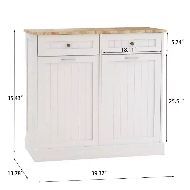 MAYEERTY White Kitchen Trash Cabinet, 2 Drawers + 2-Compartment Tilt-Out Organizer for Waste Sorting