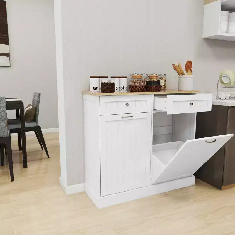 MAYEERTY White Kitchen Trash Cabinet, 2 Drawers + 2-Compartment Tilt-Out Organizer for Waste Sorting