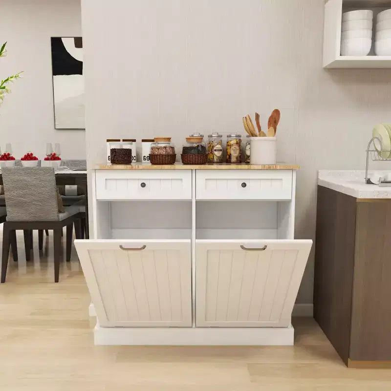 MAYEERTY White Kitchen Trash Cabinet, 2 Drawers + 2-Compartment Tilt-Out Organizer for Waste Sorting