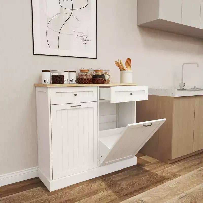 MAYEERTY White Kitchen Trash Cabinet, 2 Drawers + 2-Compartment Tilt-Out Organizer for Waste Sorting