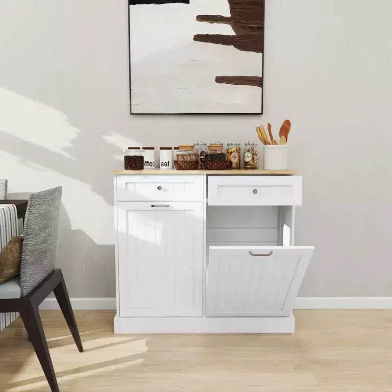 MAYEERTY White Kitchen Trash Cabinet, 2 Drawers + 2-Compartment Tilt-Out Organizer for Waste Sorting