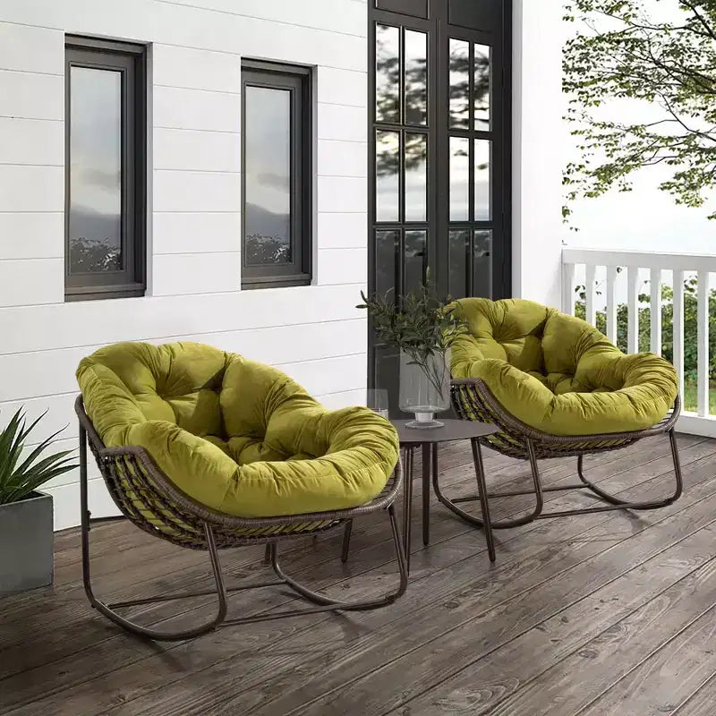 Poltrone a dondolo Okak Outdoor in rattan con cuscini imbottiti, reclinabili da esterno con robusto telaio in metallo, sedie da portico per giardino, cortile