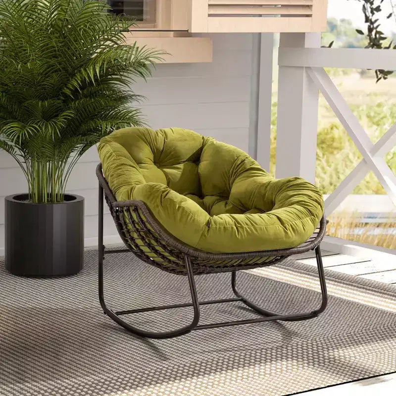 Poltrone a dondolo Okak Outdoor in rattan con cuscini imbottiti, reclinabili da esterno con robusto telaio in metallo, sedie da portico per giardino, cortile