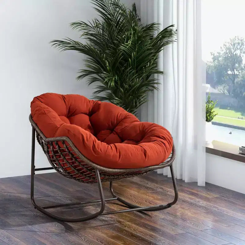 Poltrone a dondolo Okak Outdoor in rattan con cuscini imbottiti, reclinabili da esterno con robusto telaio in metallo, sedie da portico per giardino, cortile