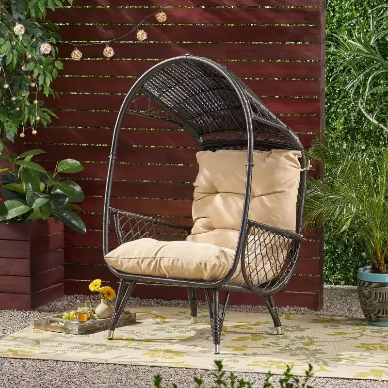 Okak Poltrona a Uovo da Esterno con Cuscini, Poltrona da Patio con Braccioli e Tendalino Parasole, Sedie da Portico per Giardino, Cortile, Balcone, Marrone