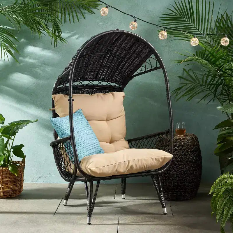 Okak Poltrona a Uovo da Esterno con Cuscini, Poltrona da Patio con Braccioli e Tendalino Parasole, Sedie da Portico per Giardino, Cortile, Balcone, Marrone