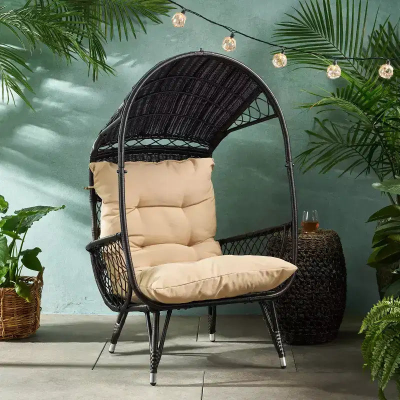 Okak Poltrona a Uovo da Esterno con Cuscini, Poltrona da Patio con Braccioli e Tendalino Parasole, Sedie da Portico per Giardino, Cortile, Balcone, Marrone