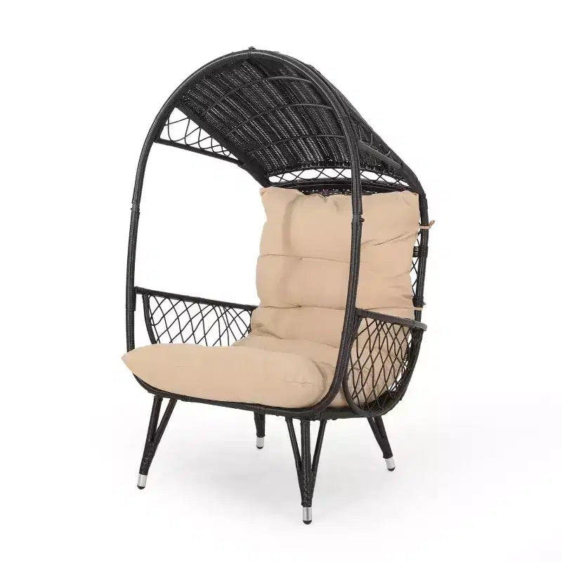 Okak Poltrona a Uovo da Esterno con Cuscini, Poltrona da Patio con Braccioli e Tendalino Parasole, Sedie da Portico per Giardino, Cortile, Balcone, Marrone