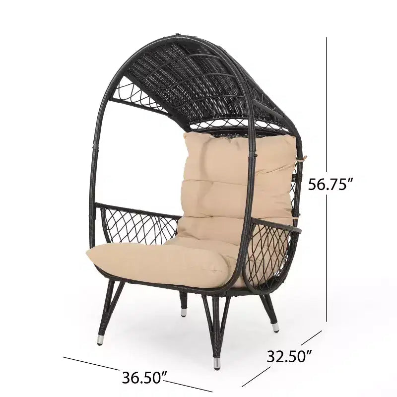 Okak Poltrona a Uovo da Esterno con Cuscini, Poltrona da Patio con Braccioli e Tendalino Parasole, Sedie da Portico per Giardino, Cortile, Balcone, Marrone