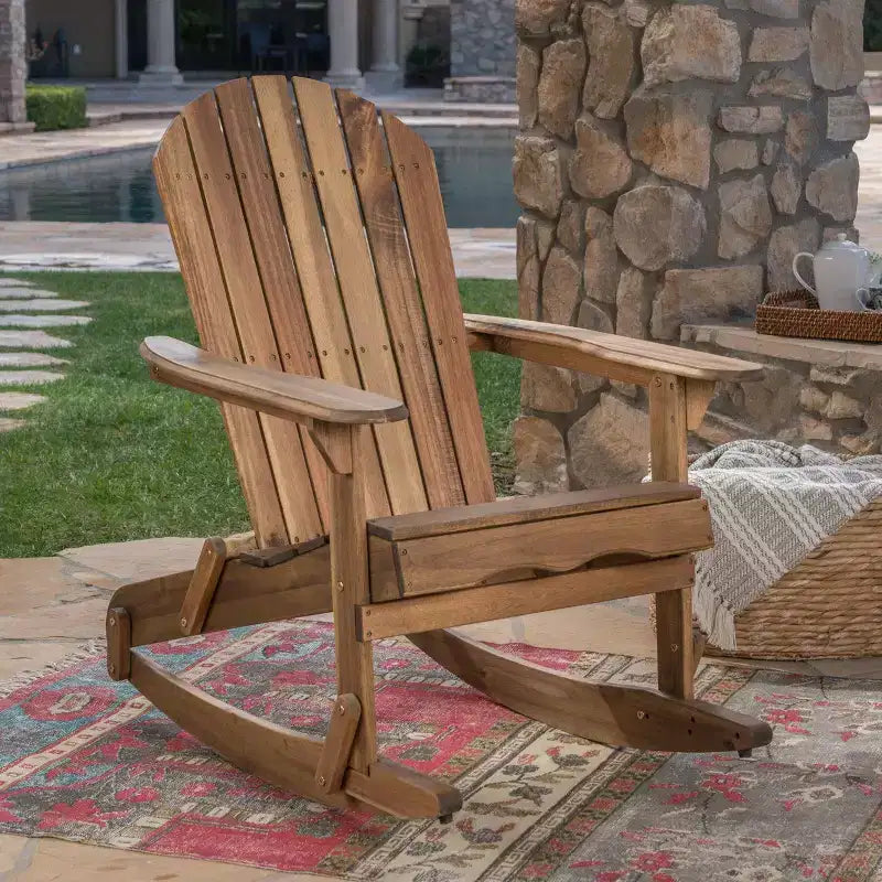 Okak Outdoor Adirondack Chair with Slat Seat and Backrest, Outdoor Rocking Chairs with Wide Armrests, Porch Chairs for Garden, Balcony, Natural