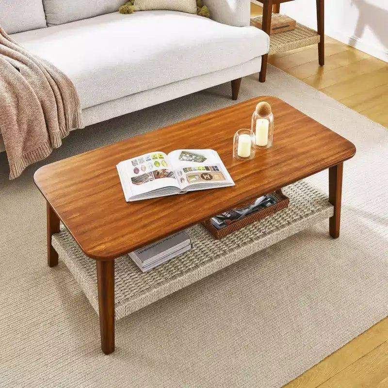 Farmhouse Coffee Table, 47.25 Rectangular Table, Vintage Living Room Design with Woven Storage Shelf, for Home Office Walnut