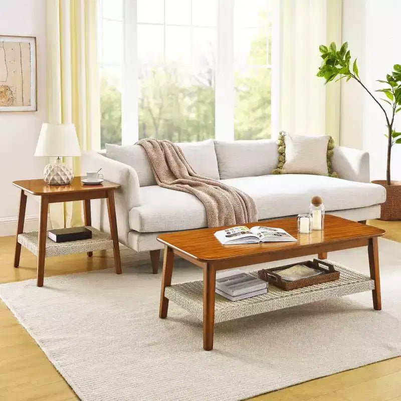 Farmhouse Coffee Table, 47.25 Rectangular Table, Vintage Living Room Design with Woven Storage Shelf, for Home Office Walnut