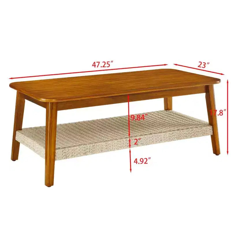 Farmhouse Coffee Table, 47.25 Rectangular Table, Vintage Living Room Design with Woven Storage Shelf, for Home Office Walnut
