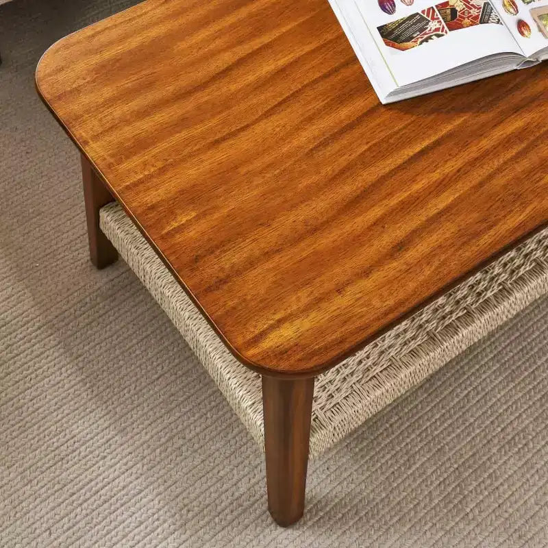 Farmhouse Coffee Table, 47.25 Rectangular Table, Vintage Living Room Design with Woven Storage Shelf, for Home Office Walnut