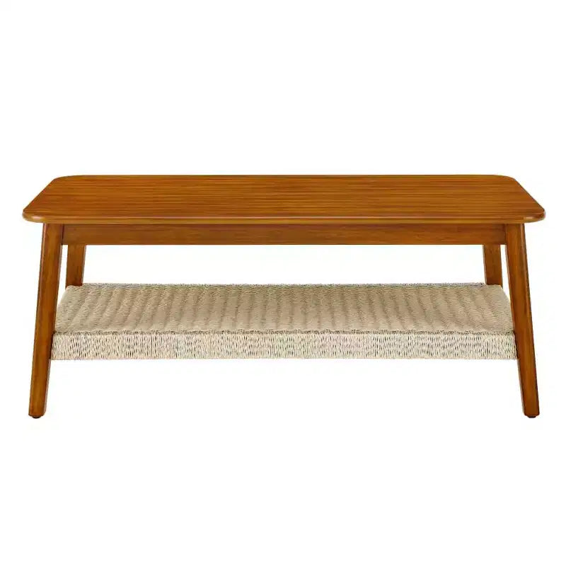 Farmhouse Coffee Table, 47.25 Rectangular Table, Vintage Living Room Design with Woven Storage Shelf, for Home Office Walnut