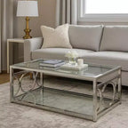 Royal Hampton 47 Inch Coffee Table, Glass Top, Mirrored Bottom Shelf, Metal Accents