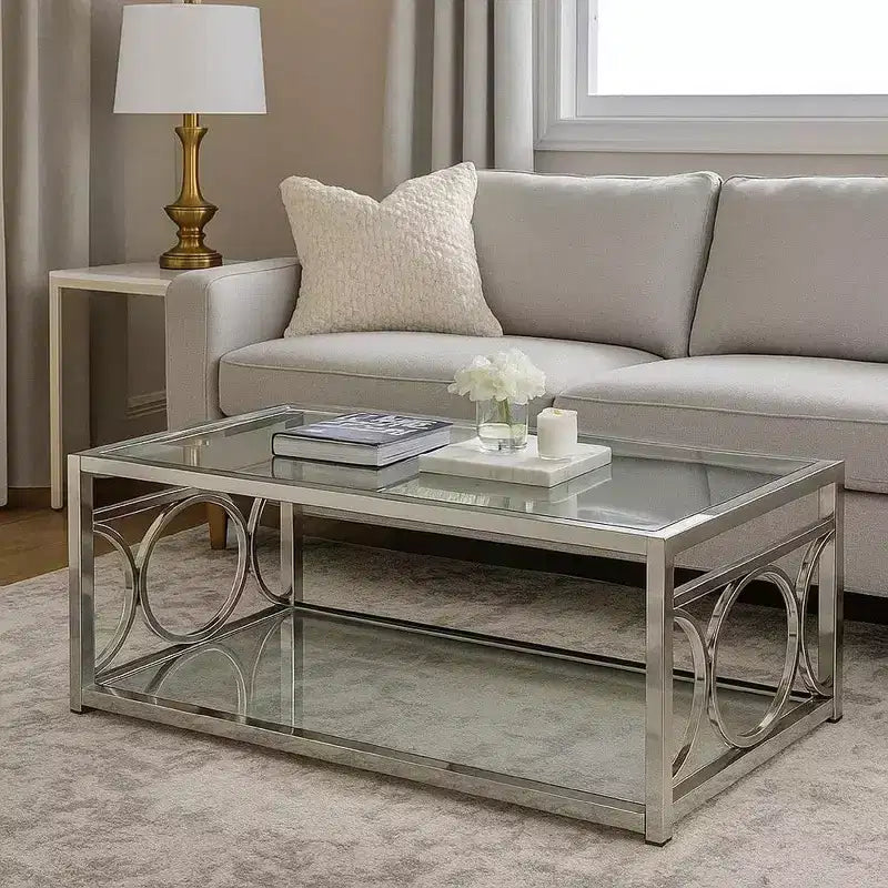 Royal Hampton 47 Inch Coffee Table, Glass Top, Mirrored Bottom Shelf, Metal Accents