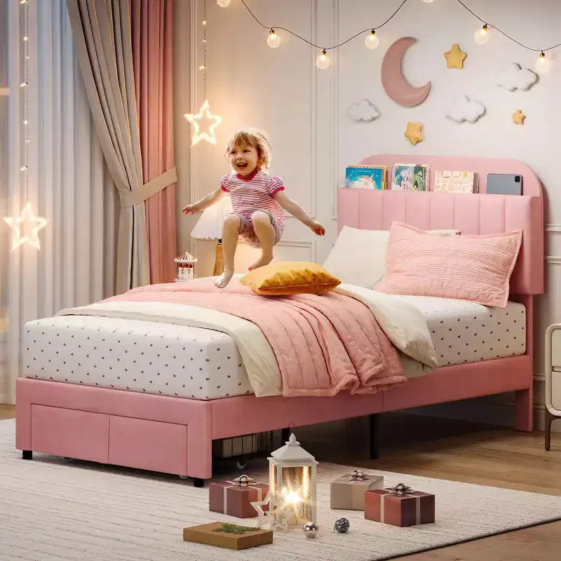 Twin Upholstered Kids Bed Frame with Bookcase Headboard & Large Storage Drawer - Quiet,Wood Slat Support, No Box Spring Needed