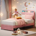 Twin Upholstered Kids Bed Frame with Bookcase Headboard & Large Storage Drawer - Quiet,Wood Slat Support, No Box Spring Needed