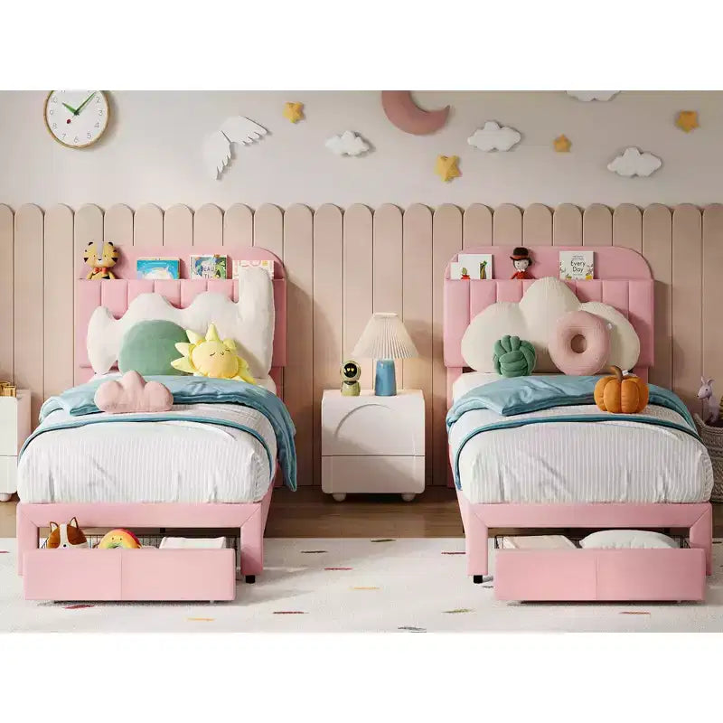 Twin Upholstered Kids Bed Frame with Bookcase Headboard & Large Storage Drawer - Quiet,Wood Slat Support, No Box Spring Needed