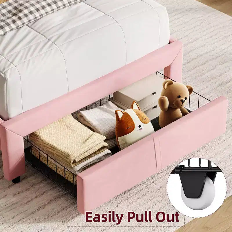 Twin Upholstered Kids Bed Frame with Bookcase Headboard & Large Storage Drawer - Quiet,Wood Slat Support, No Box Spring Needed