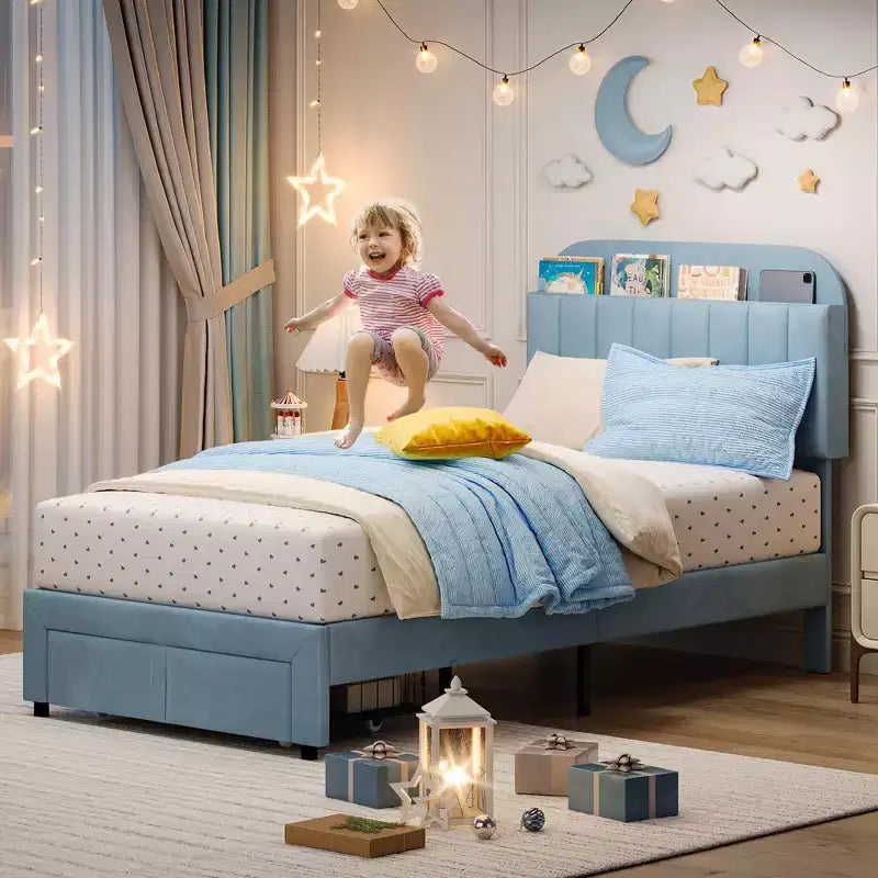Twin Upholstered Kids Bed Frame with Bookcase Headboard & Large Storage Drawer - Quiet,Wood Slat Support, No Box Spring Needed