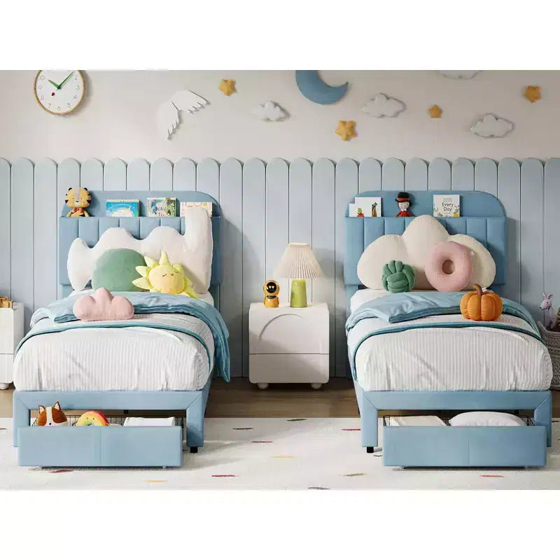 Twin Upholstered Kids Bed Frame with Bookcase Headboard & Large Storage Drawer - Quiet,Wood Slat Support, No Box Spring Needed