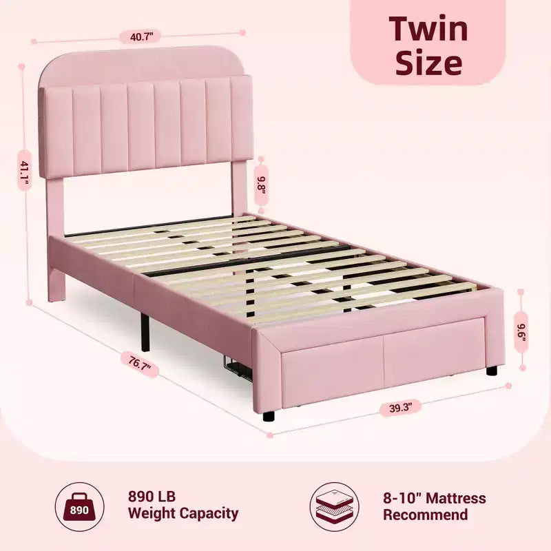 Twin Upholstered Kids Bed Frame with Bookcase Headboard & Large Storage Drawer - Quiet,Wood Slat Support, No Box Spring Needed