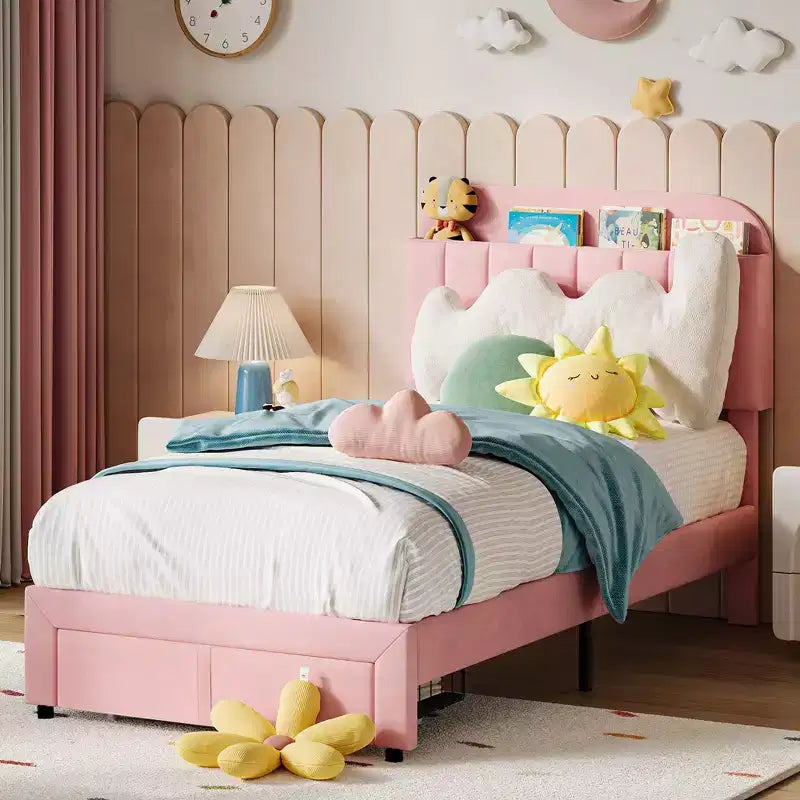 Twin Upholstered Kids Bed Frame with Bookcase Headboard & Large Storage Drawer - Quiet,Wood Slat Support, No Box Spring Needed