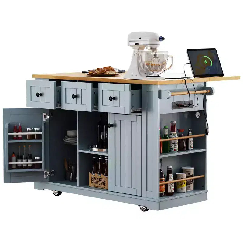 K&K 53inch Large Kitchen Island with Drop Leaf,Power Outlet,Door Internal Storage Rack,Rolling Kitchen Cart on 5 Wheels with 5 Open Side Racks