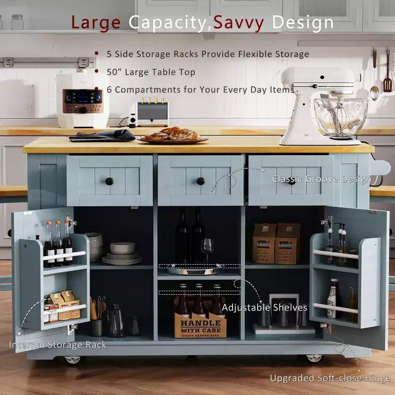 K&K 53inch Large Kitchen Island with Drop Leaf,Power Outlet,Door Internal Storage Rack,Rolling Kitchen Cart on 5 Wheels with 5 Open Side Racks