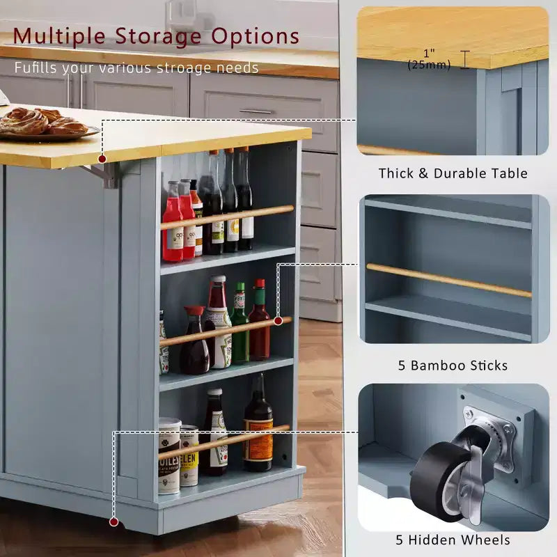 K&K 53inch Large Kitchen Island with Drop Leaf,Power Outlet,Door Internal Storage Rack,Rolling Kitchen Cart on 5 Wheels with 5 Open Side Racks