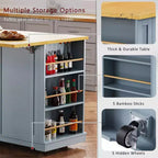 K&K 53inch Large Kitchen Island with Drop Leaf,Power Outlet,Door Internal Storage Rack,Rolling Kitchen Cart on 5 Wheels with 5 Open Side Racks