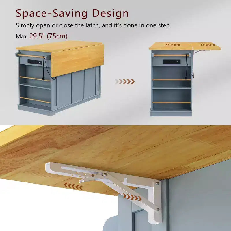 K&K 53inch Large Kitchen Island with Drop Leaf,Power Outlet,Door Internal Storage Rack,Rolling Kitchen Cart on 5 Wheels with 5 Open Side Racks