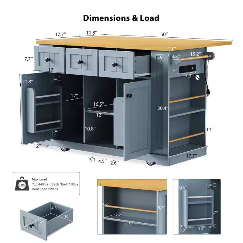 K&K 53inch Large Kitchen Island with Drop Leaf,Power Outlet,Door Internal Storage Rack,Rolling Kitchen Cart on 5 Wheels with 5 Open Side Racks