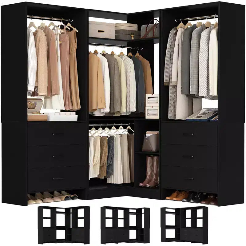 Besiost 81-In Closet System Set with Wood Drawers, Corner Closet Organizer with Hanging Rods