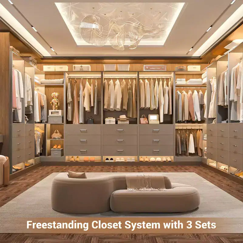 Besiost 81-In Closet System Set with Wood Drawers, Corner Closet Organizer with Hanging Rods