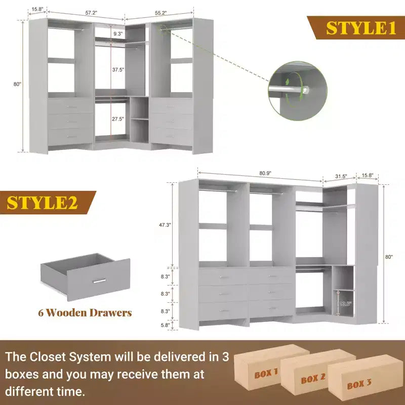 Besiost 81-In Closet System Set with Wood Drawers, Corner Closet Organizer with Hanging Rods