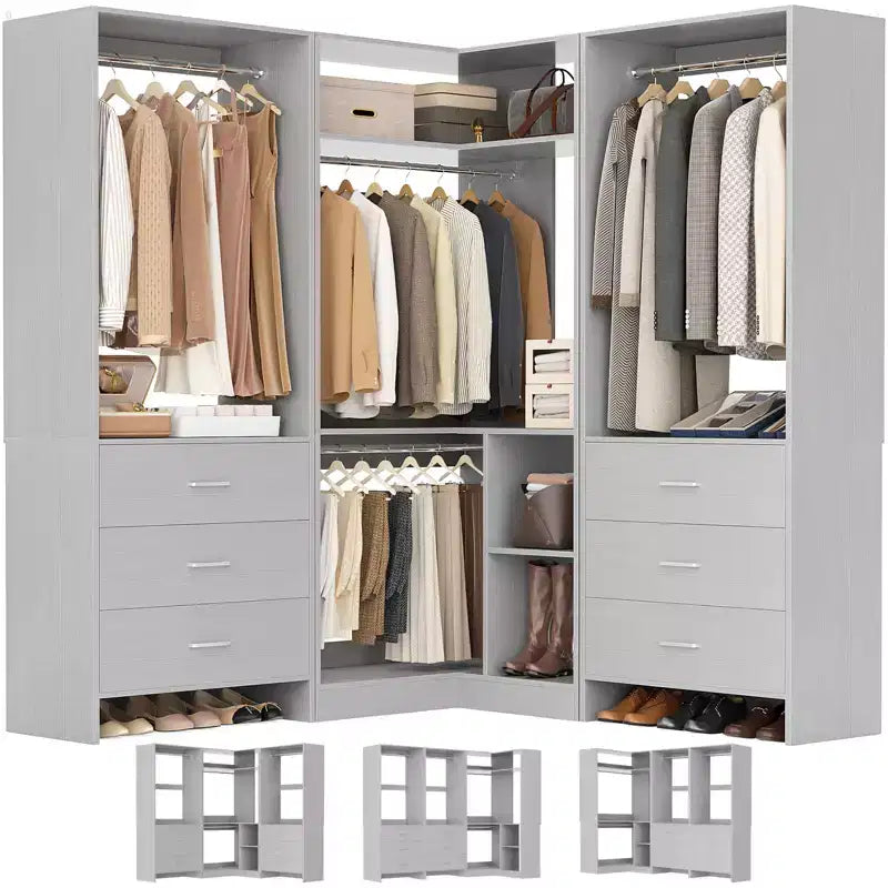 Besiost 81-In Closet System Set with Wood Drawers, Corner Closet Organizer with Hanging Rods