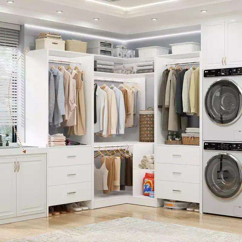 Besiost 81-In Closet System Set with Wood Drawers, Corner Closet Organizer with Hanging Rods