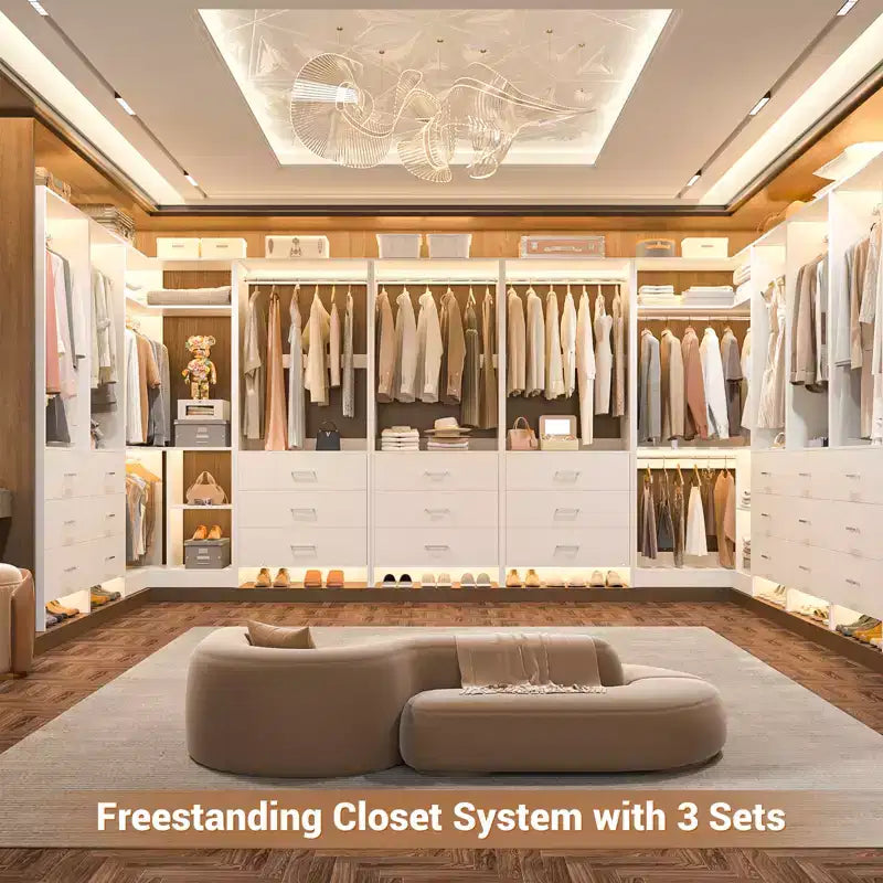 Besiost 81-In Closet System Set with Wood Drawers, Corner Closet Organizer with Hanging Rods