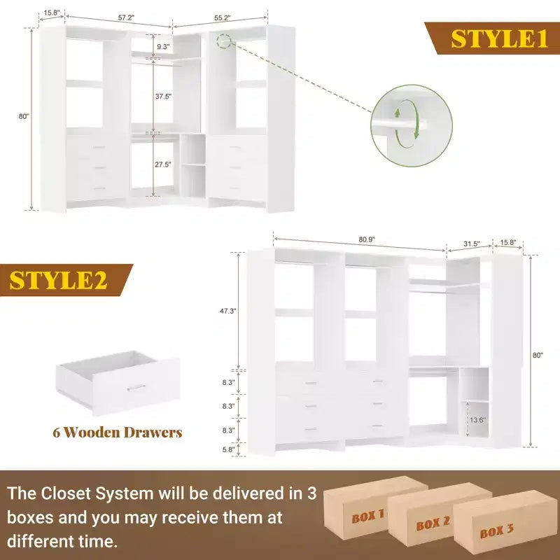 Besiost 81-In Closet System Set with Wood Drawers, Corner Closet Organizer with Hanging Rods