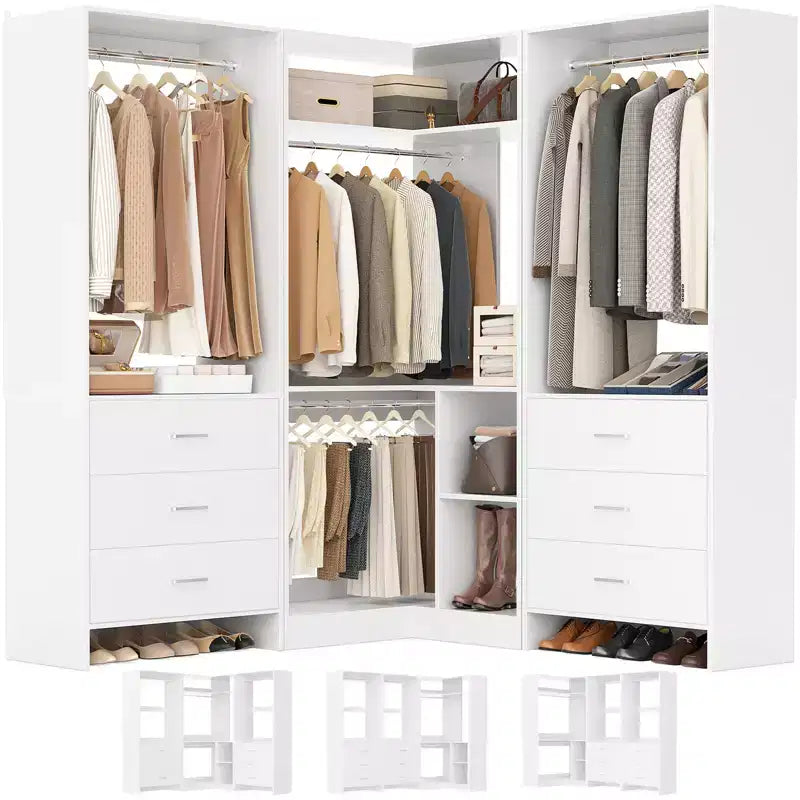 Besiost 81-In Closet System Set with Wood Drawers, Corner Closet Organizer with Hanging Rods